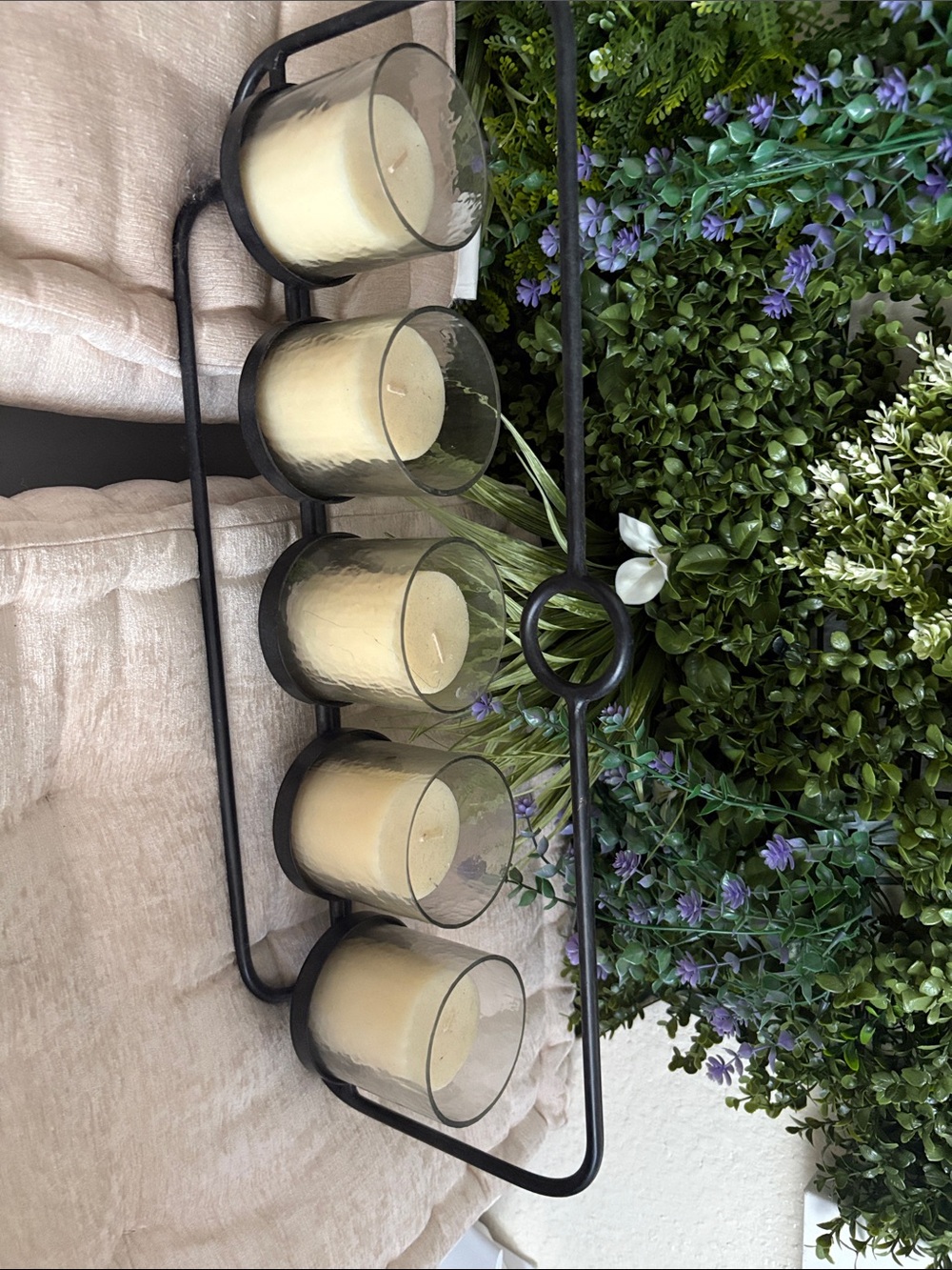Rustic Black Metal 5-Holder Votive Candle Centerpiece with Cream Glass Holders
